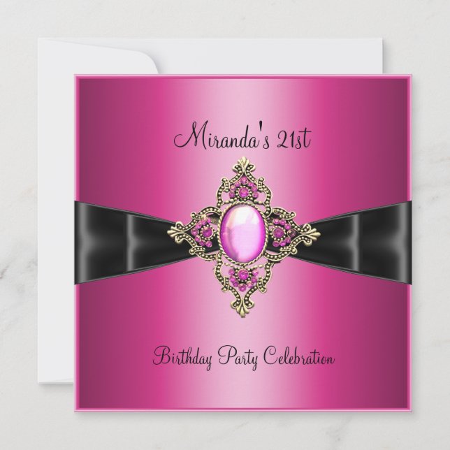 Elegant Rich Pink Jewel Black 21st Birthday Invitation (Front)