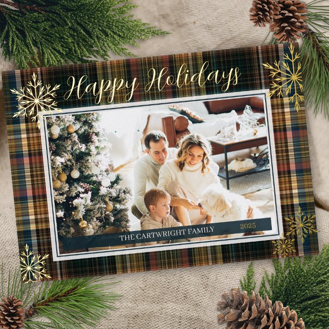 Elegant Rich Plaid Heirloom Style Happy Holidays (elegant gold foil happy holidays formal plaid single photo christmas card with name year snowflakes)