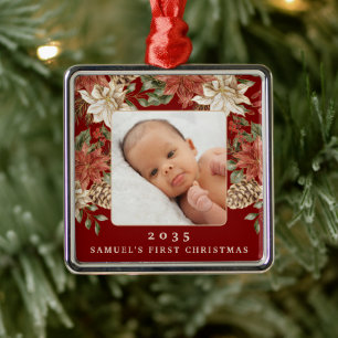 Elegant Rich Red Baby's First Christmas Photo Metal Tree Decoration