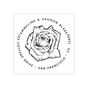 Elegant Rich Rose Blossom Return Address Botanical Rubber Stamp