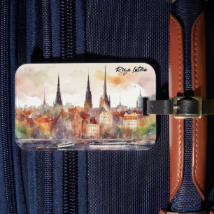 Elegant Riga Latvia Watercolor City View Luggage Tag