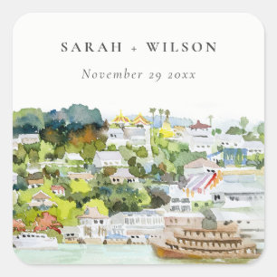 Elegant River Cruise Country Landscape Wedding Square Sticker