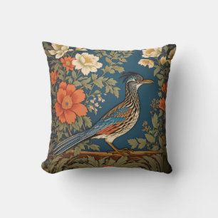 Elegant Roadrunner Bird William Morris Inspired Cushion