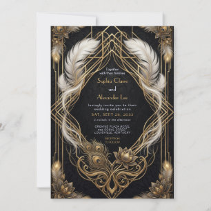 Elegant Roaring 20s Black and Gold Feather Wedding Invitation
