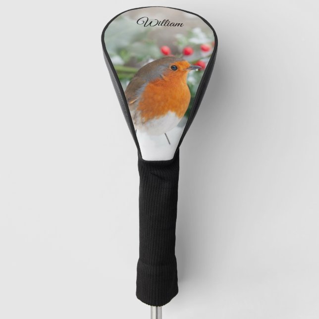 Elegant Robin in Snow Red Berries Personalised Golf Head Cover (Front)