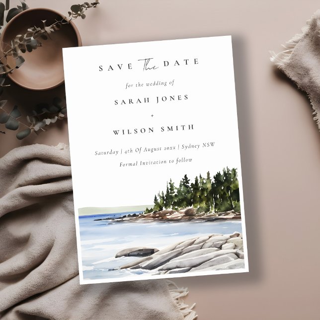 Elegant Rocky Pine Mountain Watercolor Seascape Save The Date (Creator Uploaded)