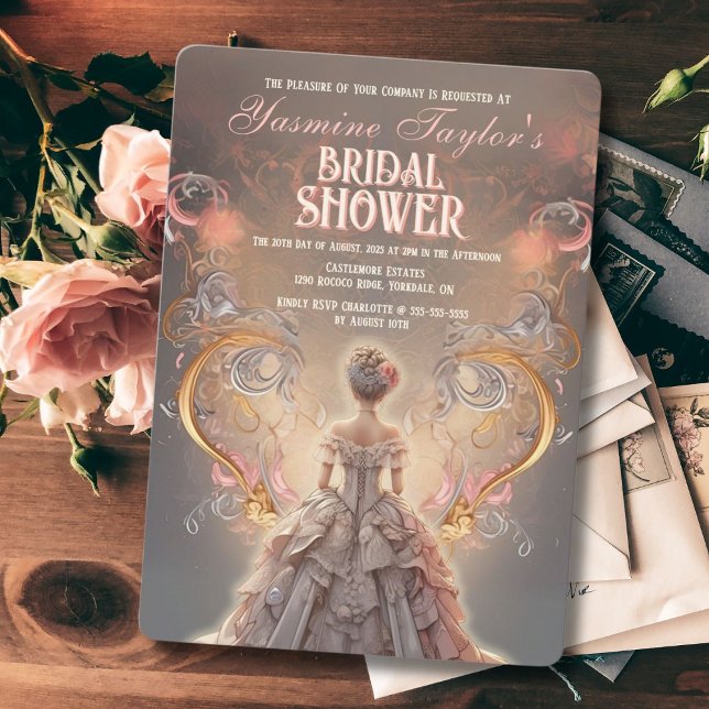 Elegant Rococo Bridal Shower Invitation (Elegant Rococo bridal shower invitation with flourishes, gold accents, and charm.)