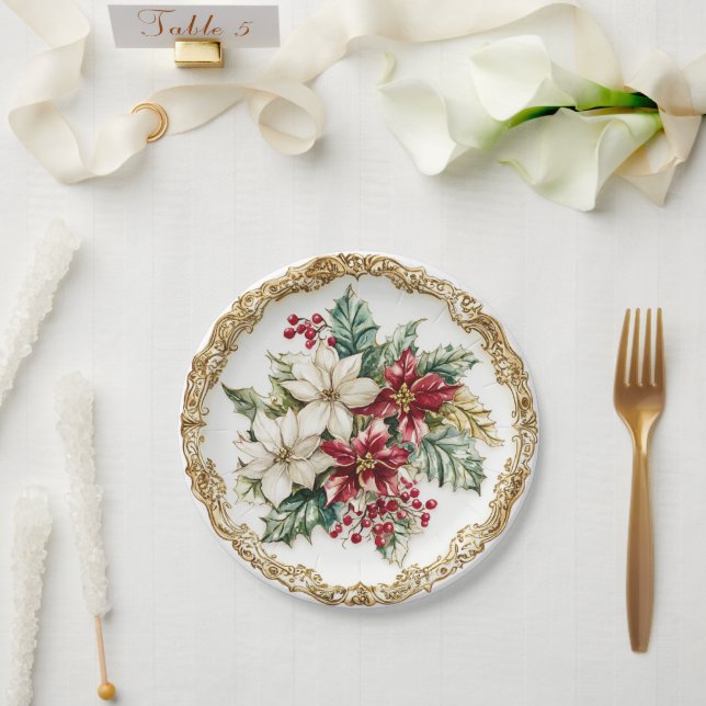 Elegant Rococo Floral Poinsettia Holiday Dining  Paper Plate (Wedding)