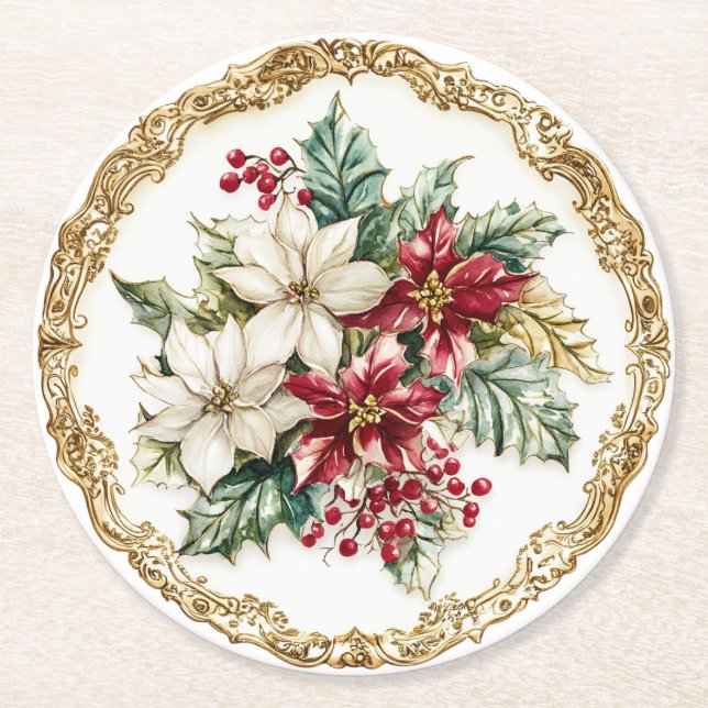 Elegant Rococo Floral Poinsettia Holiday Dining  Round Paper Coaster (Front)
