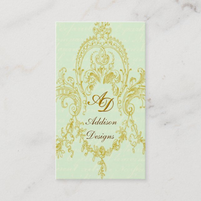 Elegant Rococo Frame Gold & Green Business Cards (Front)