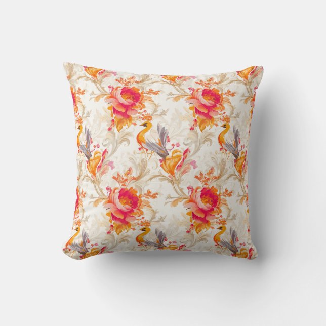 Elegant Rococo Inspired Orange and Black Design Cushion (Front)