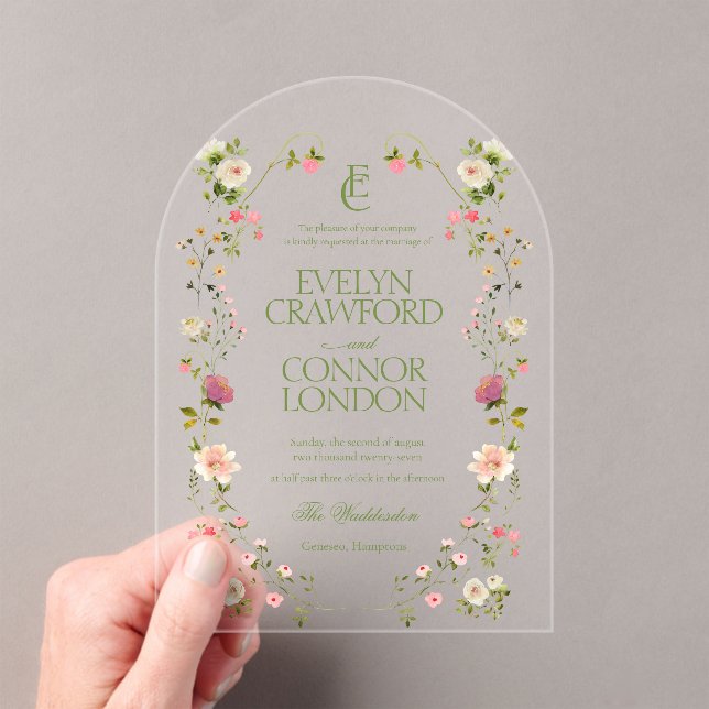 Elegant Rococo Monogram Floral Wedding Acrylic Invitations (Insitu (Handheld))