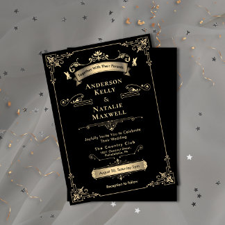 Elegant Rococo Ornament Black & Gold Wedding Invitation