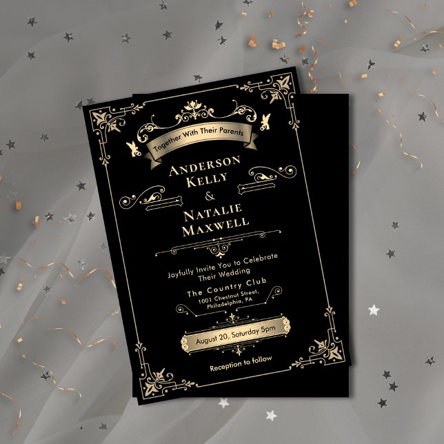 Elegant Rococo Ornament Black & Gold Wedding Invitation (Elegant Rococo Ornament Black & Gold Wedding Invitation)