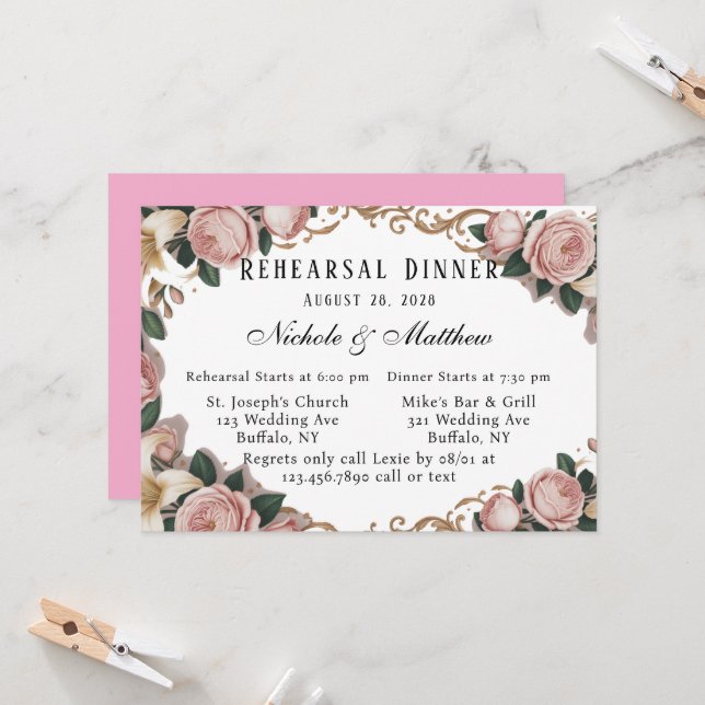 Elegant Rococo Peonies Rehearsal Dinner  Invitation (Front/Back In Situ)