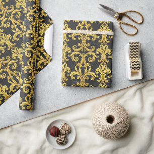 Elegant Rococo Revival Gold & Charcoal Baroque Wrapping Paper
