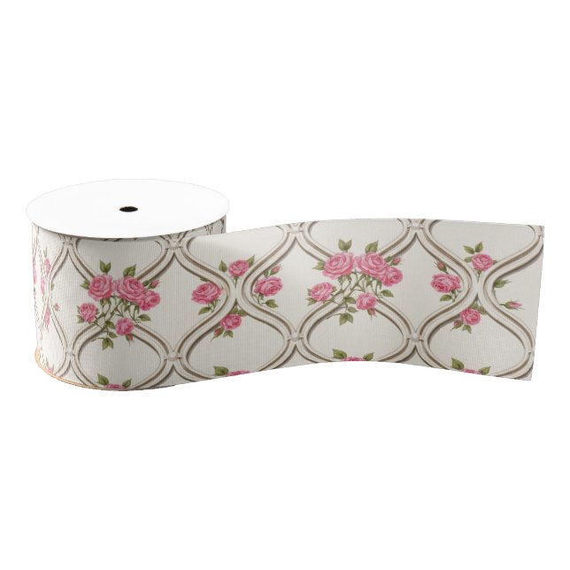 Elegant Rococo Revival Pink Floral & Beige Lattice Grosgrain Ribbon (Spool)