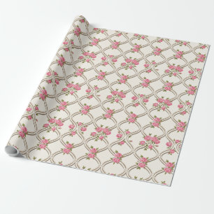 Elegant Rococo Revival Pink Floral & Beige Lattice Wrapping Paper