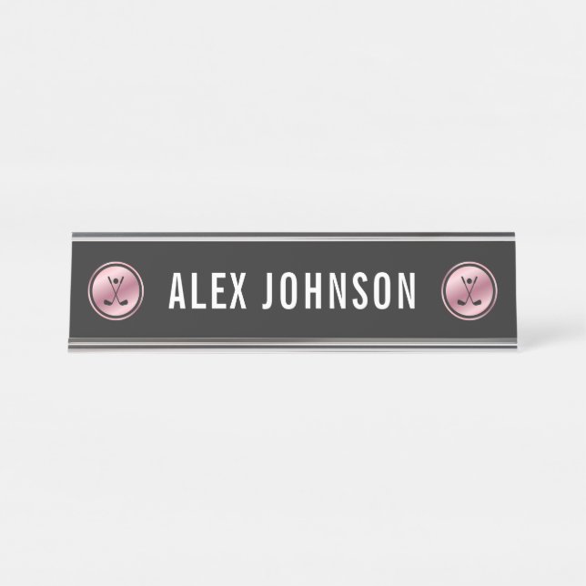 Elegant Rode Gold & Black Golfer Golf Theme Custom Desk Name Plate (Front)