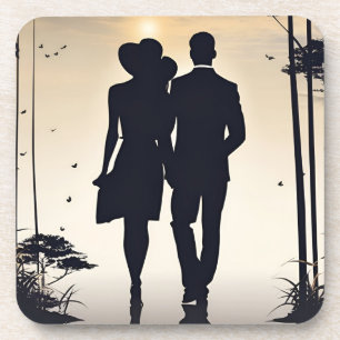 Elegant Romance Silhouette Couple Sunset Stroll Coaster
