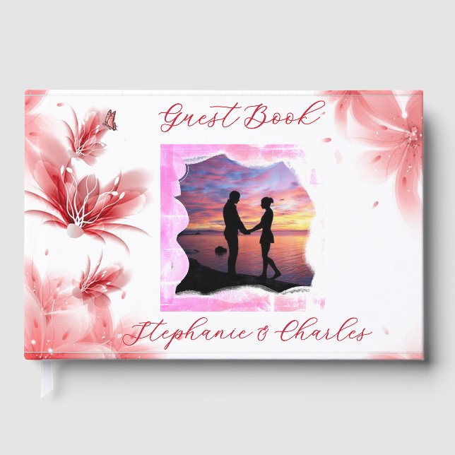 Elegant Romanic Butterfly Pink Flower Floral Photo Guest Book (Front)