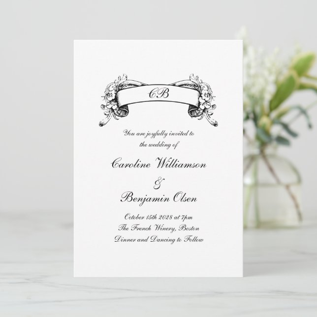 Elegant Romantic Banner Black and White Wedding Invitation (Standing Front)