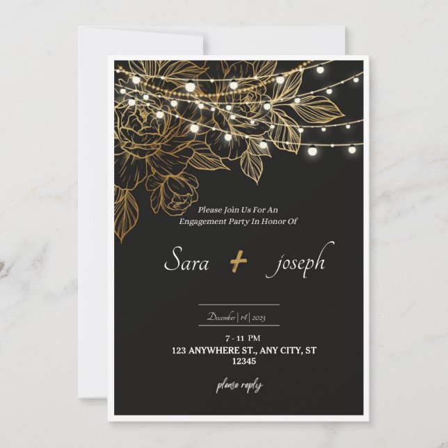 Elegant Romantic Black and Gold Wedding Invitation (Front)