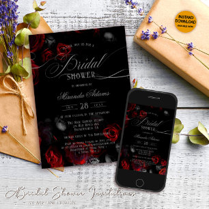 Elegant Romantic Black Red Floral Bridal Shower Invitation