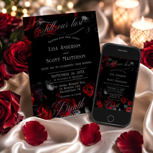 Elegant Romantic Black Red Floral Wedding Invitation (Creator Uploaded)