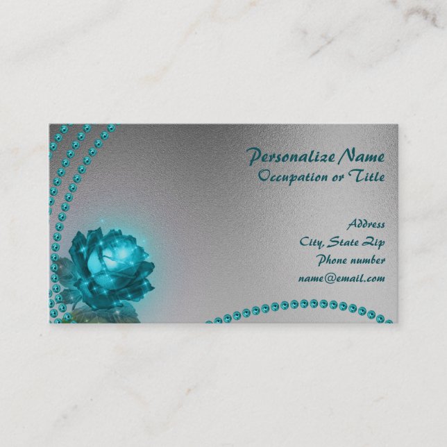 Elegant & Romantic Blue Crystal Flower & Pearls Business Card (Front)