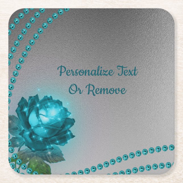 Elegant Romantic Blue Crystal Rose Pearls Chic Square Paper Coaster (Front)