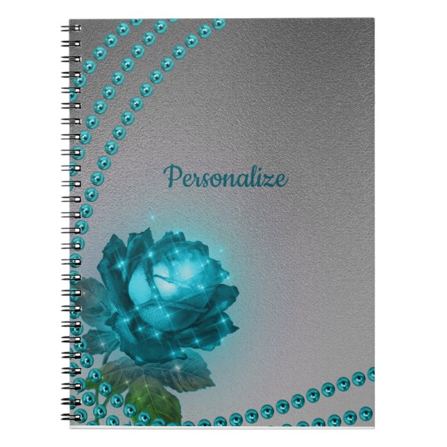 Elegant Romantic Blue Crystal Rose Pearls Notebook (Front)
