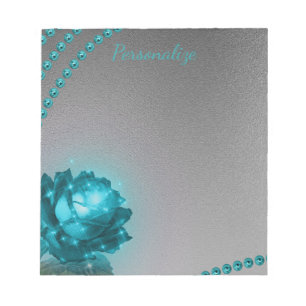 Elegant Romantic Blue Crystal Rose Pearls Notepad
