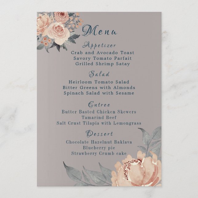 Elegant Romantic Blush Grey Coral Floral Wedding  Menu (Front)