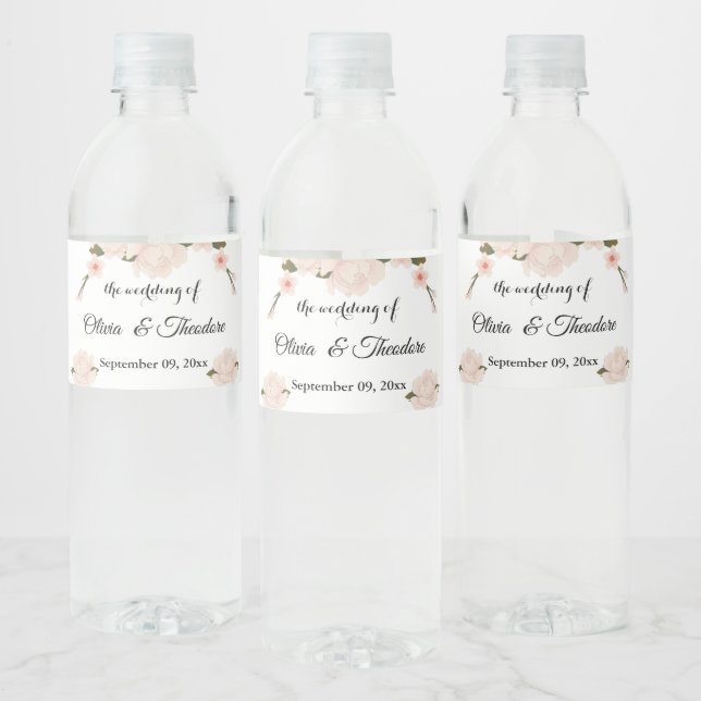 Elegant Romantic Blush Pink Floral Blossom Wedding Water Bottle Label (Bottles)