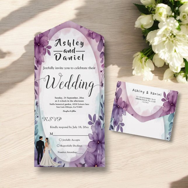 Elegant Romantic Bride Groom Purple Floral Wedding All In One Invitation (Creator Uploaded)