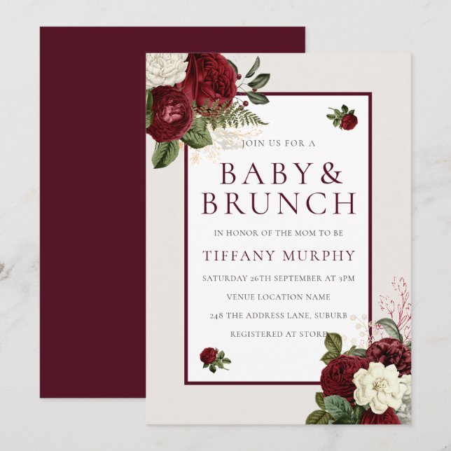 Elegant Romantic Burgundy Floral Baby Shower Invitation (Front/Back)