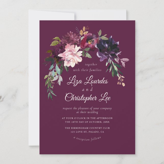 Elegant Romantic Burgundy Floral Wedding Invitation (Front)