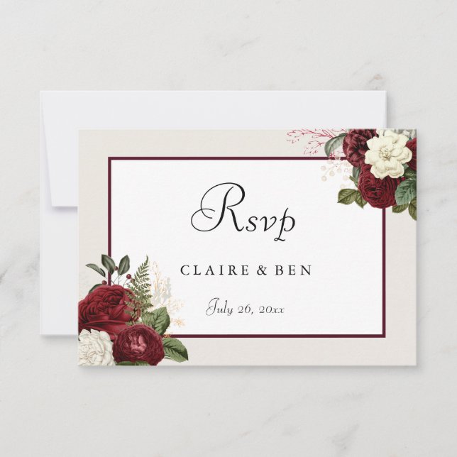 Elegant Romantic Burgundy Red Flowers Wedding RSVP Card (Front)