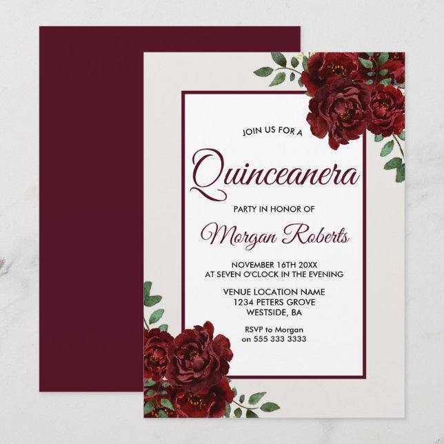 Elegant Romantic Burgundy Roses Quinceanera Invitation (Front/Back)