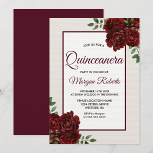 Elegant Romantic Burgundy Roses Quinceanera Invitation