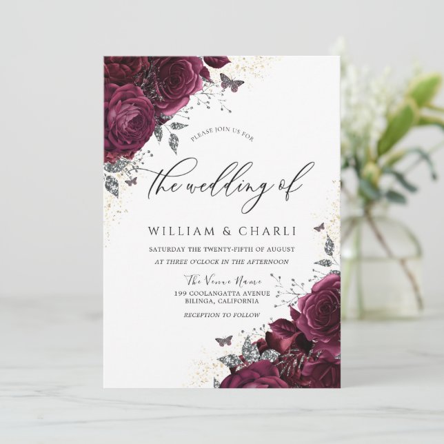 Elegant Romantic Burgundy Roses Wedding Invitation (Standing Front)