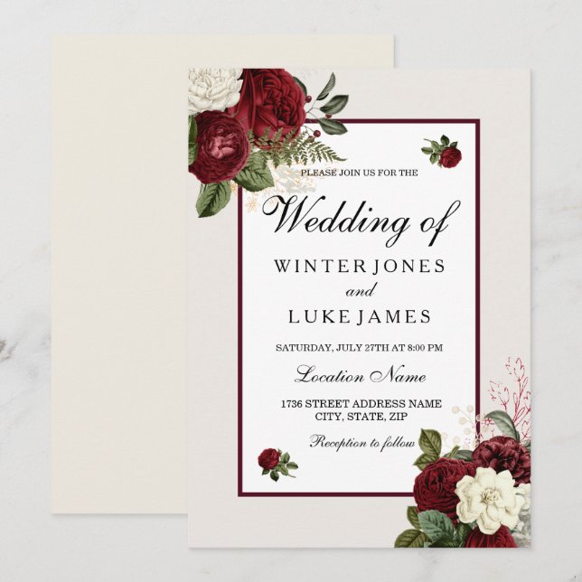 Elegant Romantic Burgundy & White Flowers Wedding Invitation (Front/Back)