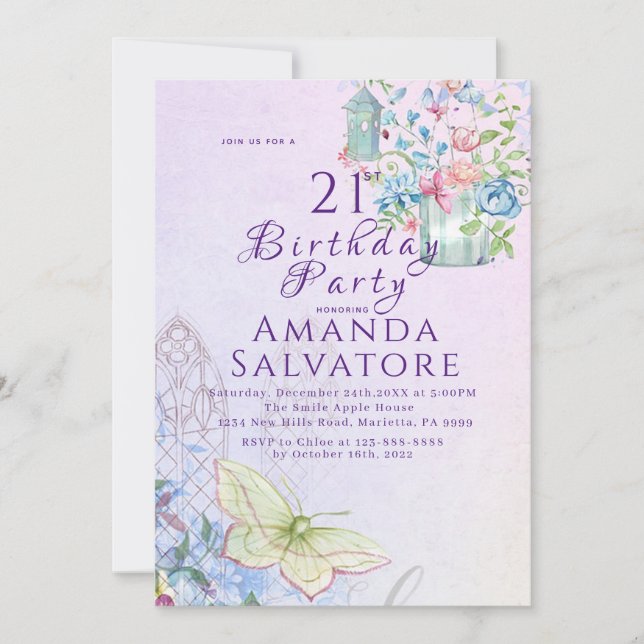 Elegant Romantic Butterfly Flowers 21st Birthday Invitation (Front)