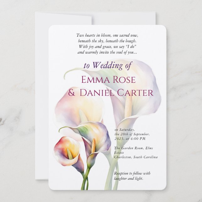 Elegant Romantic Calla Lily Watercolor Wedding Invitation (Front)
