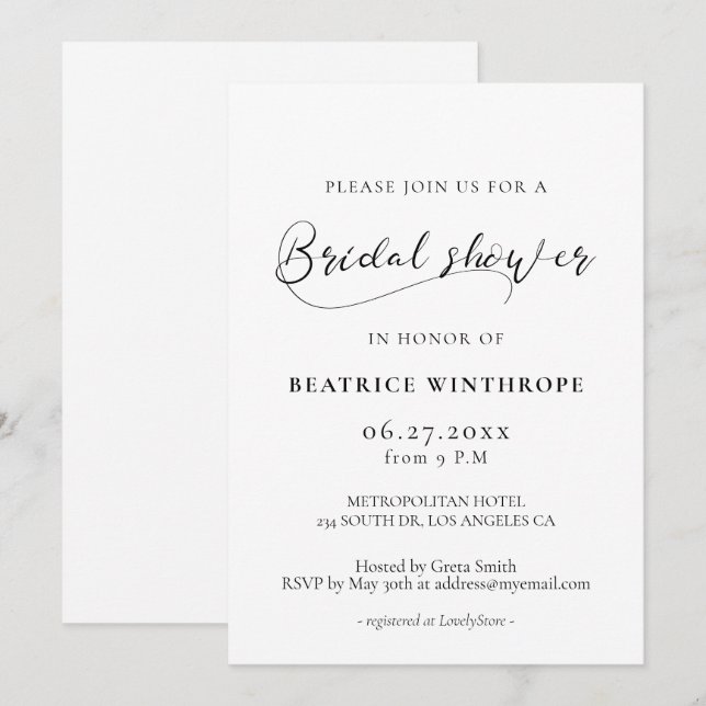 Elegant romantic calligraphy Bridal shower Invitation (Front/Back)