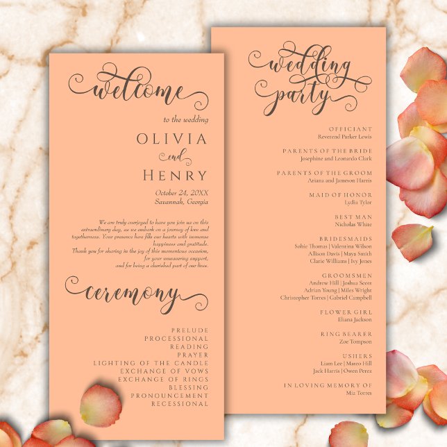 Elegant Romantic Calligraphy Peach Wedding Program Menu (Creator Uploaded)