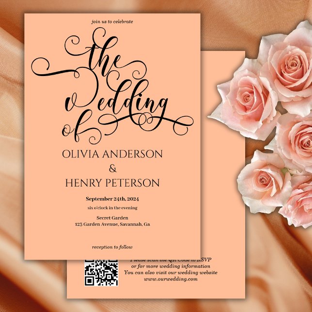 Elegant Romantic Calligraphy Peach Wedding QR Code Invitation (Creator Uploaded)