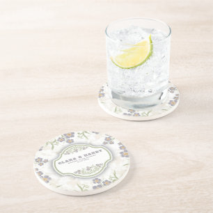 Elegant romantic calligraphy retro floral wedding  coaster