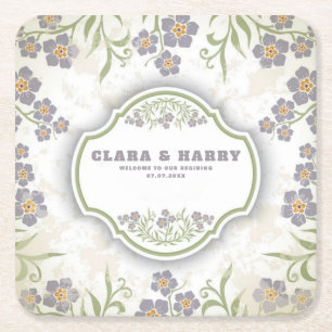 Elegant romantic calligraphy retro floral wedding  square paper coaster